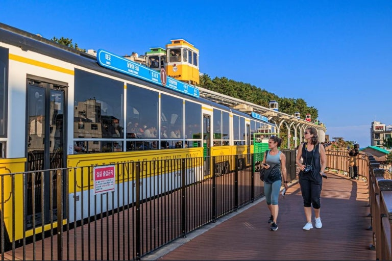 Visitors walking beside a Beach Train with Sky Capsules overhead
