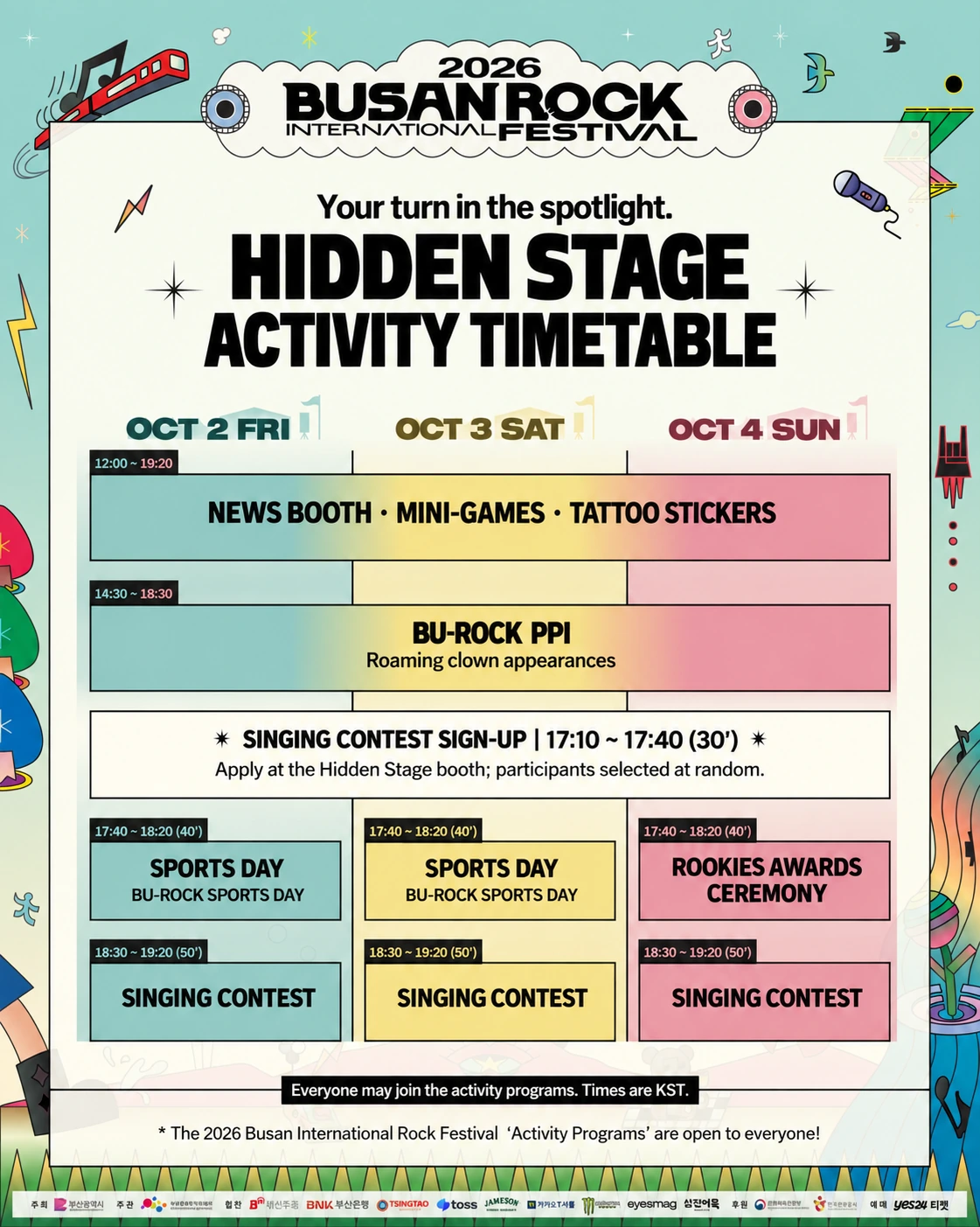 Hidden Stage timetable October 2–4. News booth, mini-games and tattoo stickers 12:00–19:20. Singing contest sign-up 17:10–17:40; contest 18:30–19:20.