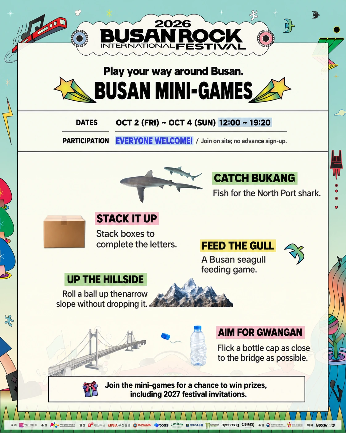 Five Busan-themed mini-games. October 2–4, 12:00–19:20. Join on site; everyone welcome.