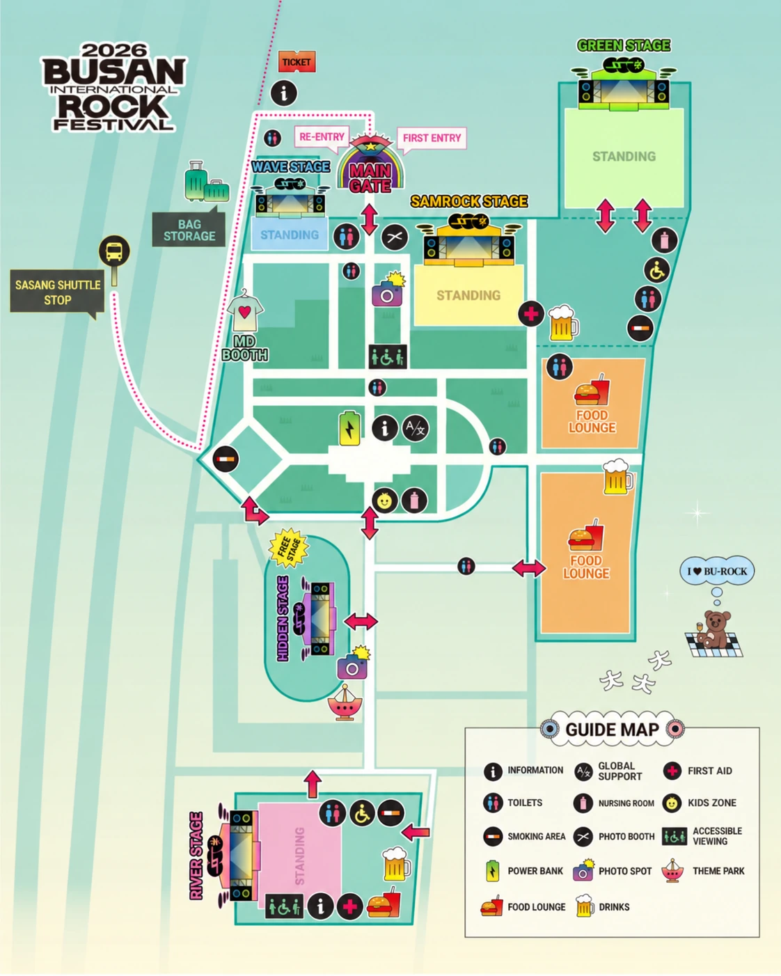 Official festival layout in English: main gate, Wave, Samrock, Green, Hidden and River stages, food lounges, toilets, nursing rooms, Kids Zone and accessibility support.