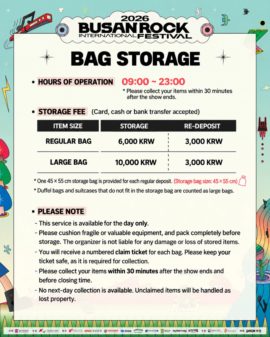 Bag storage 09:00–23:00. Regular bag 6,000 KRW; large bag 10,000 KRW; re-deposit 3,000 KRW. Collect on the same day within 30 minutes after the show ends.