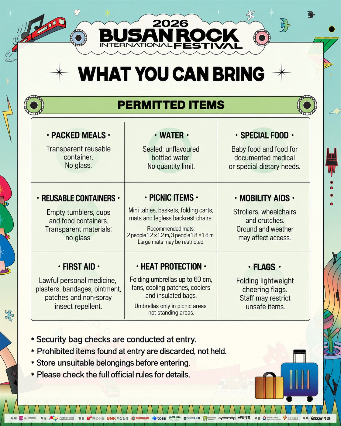 Permitted items include packed meals in transparent non-glass containers, sealed plain water, baby or medical food, legless picnic chairs and mobility aids. Folding umbrellas up to 60 cm are allowed only in picnic areas.