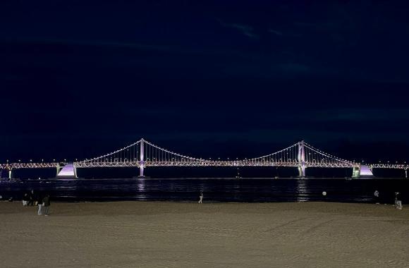 Gwangan Bridge illuminated at night across the water from Gwangalli