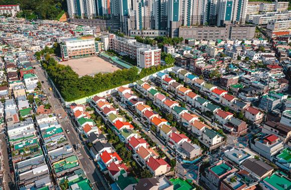 An aerial view of the colourful roofs of Mandeok Lego Village
