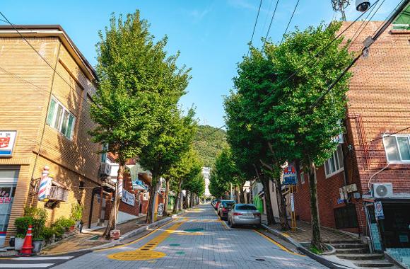 A tree-lined residential street in Mandeok