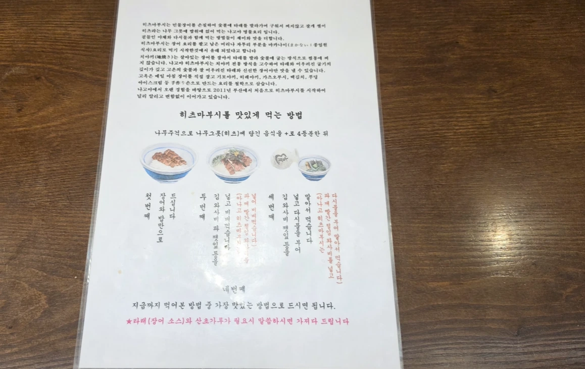 Go-ok’s Korean instruction sheet illustrating four ways to enjoy hitsumabushi.