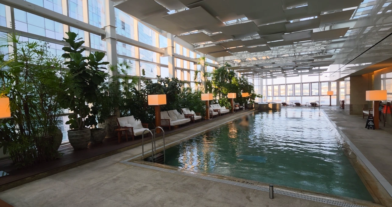 Park Hyatt Busan’s indoor swimming pool with tall windows, plants and lounge chairs.